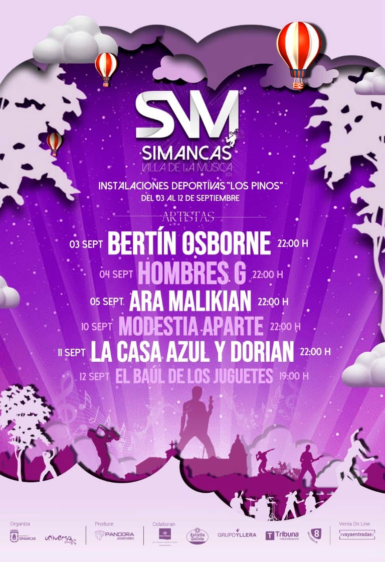 Pandora Producciones - Bertín Osborne, Hombres G, Ara Malikian, Modestia Aparte, Dorian o La Casa Azul serán algunos de los artistas que actuarán en "Simancas Villa de la Música 2021" Pandora Producciones - Bertín Osborne, Hombres G, Ara Malikian, Modestia Aparte, Dorian o La Casa Azul serán algunos de los artistas que actuarán en "Simancas Villa de la Música 2021"